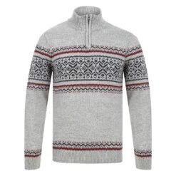 Mens Fair Isle Christmas Jumper Traditional Style Knit 1/4 Zip