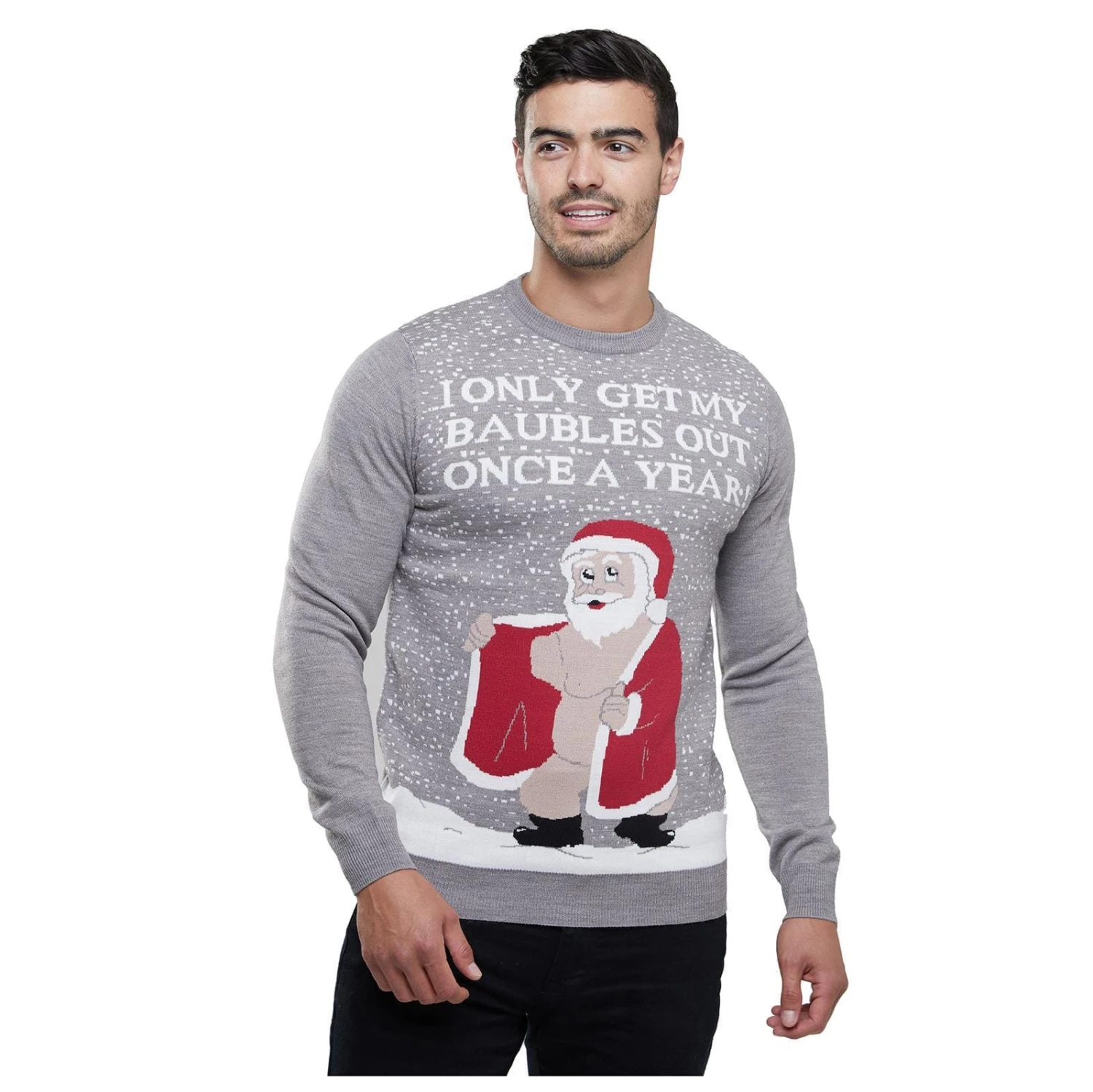 Mens Christmas Jumper Rude Santa Baubles Out Grey Party Fun 1 Mens Christmas Jumper Rude Santa Baubles Out Grey Party Fun