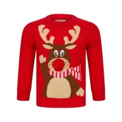 Kids Waving Reindeer Pom Pom Nose Christmas Jumper -XS-Stock 4A190271F 1.opt
