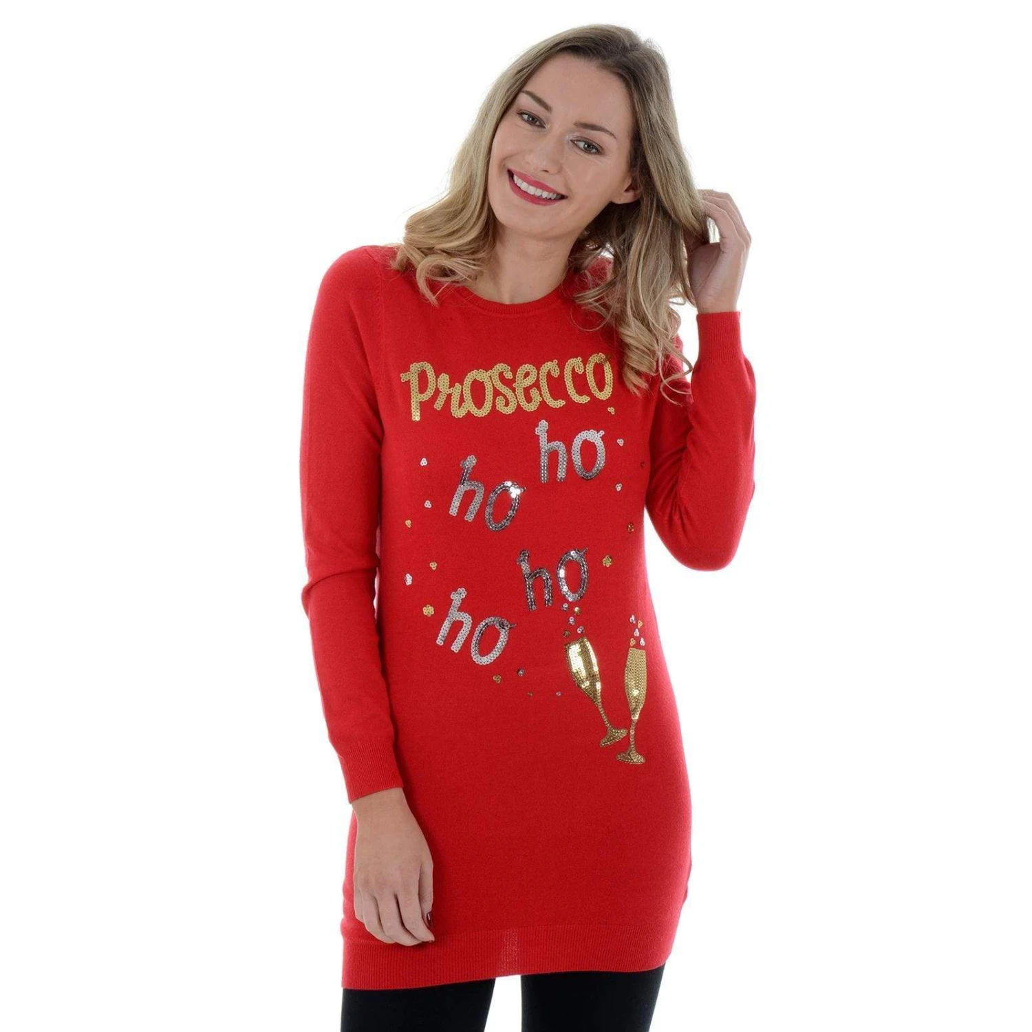 Womens Novelty Sequin Prosecco HO HO HO Tunic Christmas Jumper 3 Womens Novelty Sequin Prosecco HO HO HO Tunic Christmas Jumper - Image 3