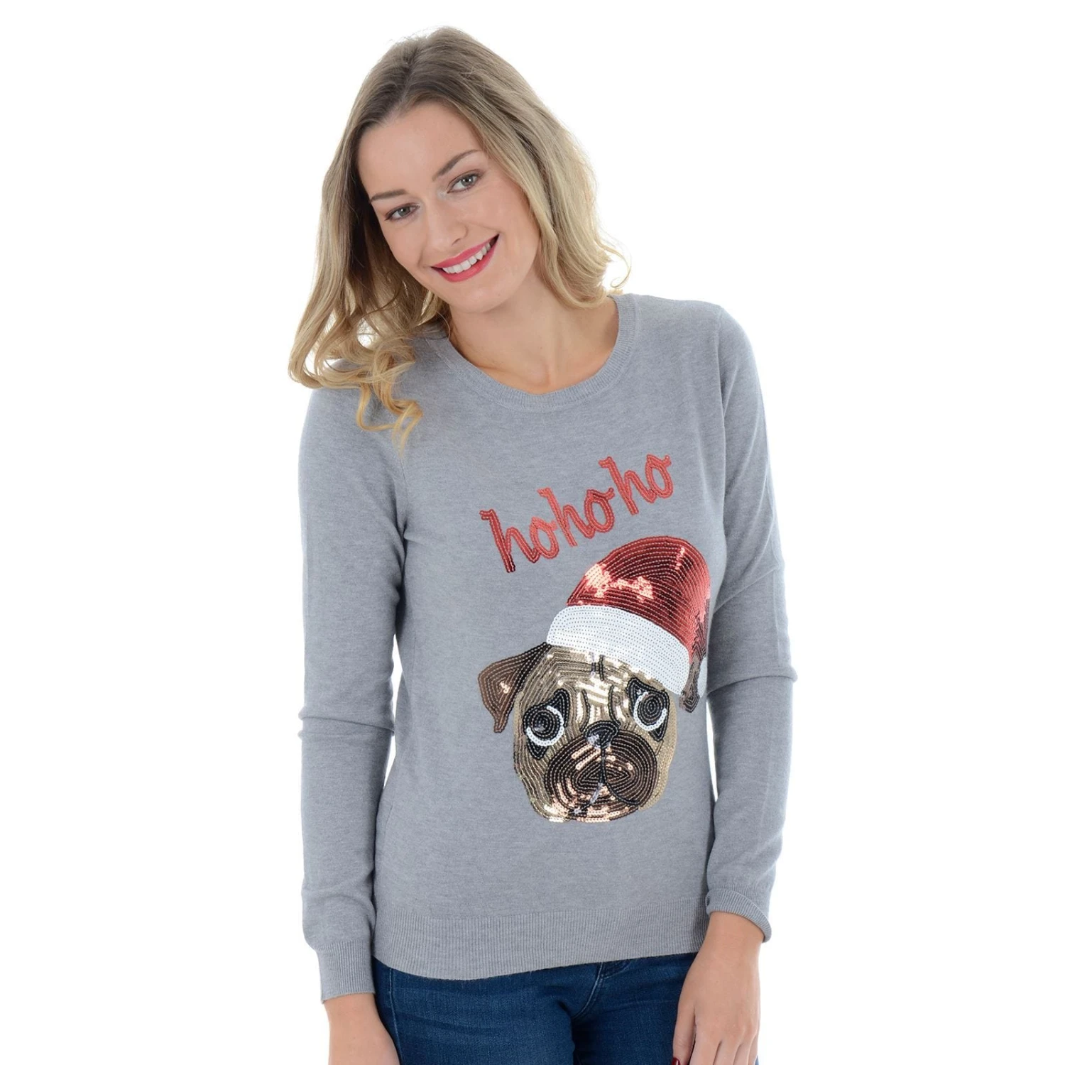 Womens Novelty Sequin Santa Pug HO HO HO Christmas Jumper 2 Womens Novelty Sequin Santa Pug HO HO HO Christmas Jumper - Image 2