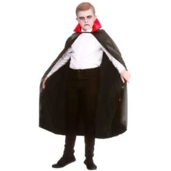 Kids Deluxe Satin Vampire Cape Black Cloak Red Collar 95cm