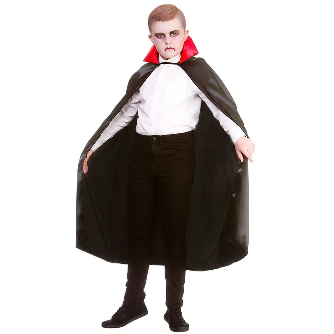 Kids Deluxe Satin Vampire Cape Black Cloak Red Collar 95cm 1 Kids Deluxe Satin Vampire Cape Black Cloak Red Collar 95cm
