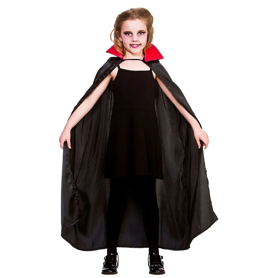 Kids Deluxe Satin Vampire Cape Black Cloak Red Collar 95cm 2 Kids Deluxe Satin Vampire Cape Black Cloak Red Collar 95cm - Image 2
