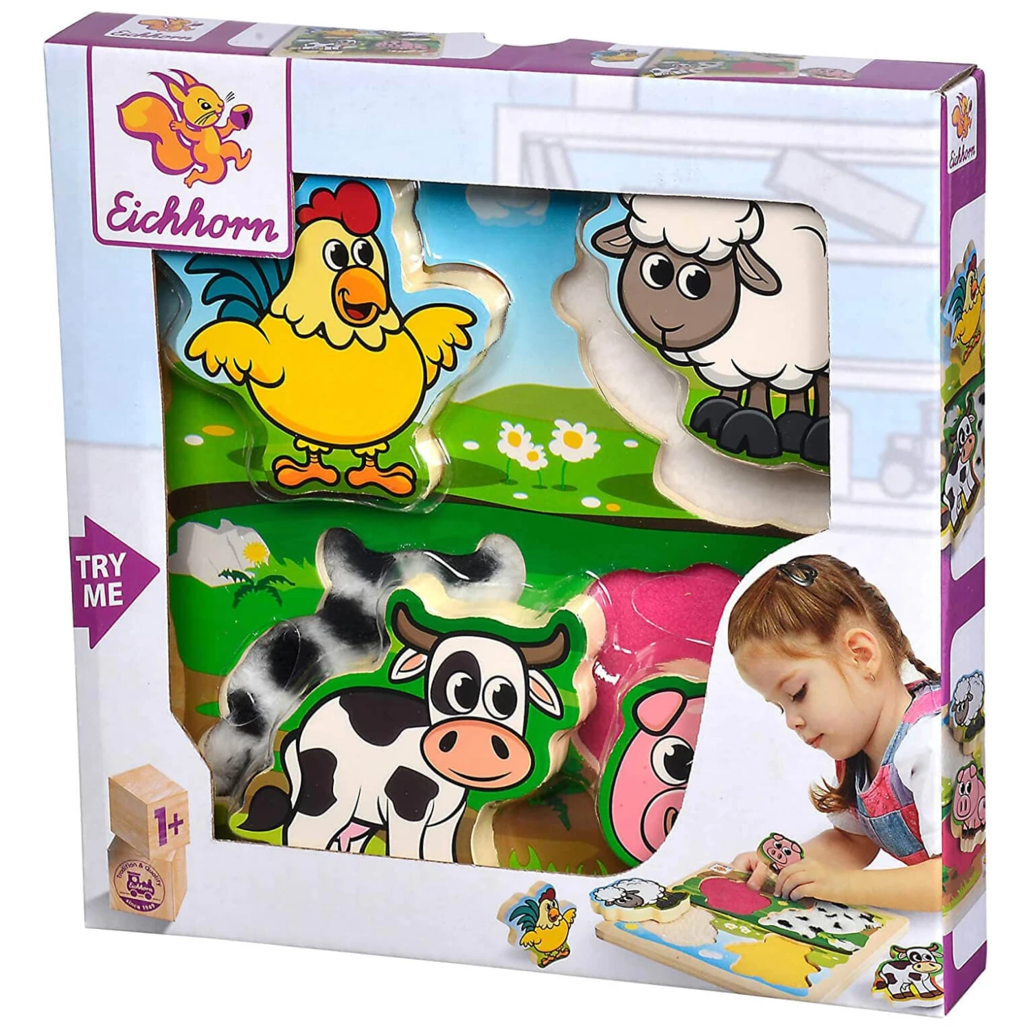 Eichhorn Wooden Puzzle Farm Animals With Fabric 5 Pieces Age 1+ 1 Eichhorn Wooden Puzzle Farm Animals With Fabric 5 Pieces Age 1+