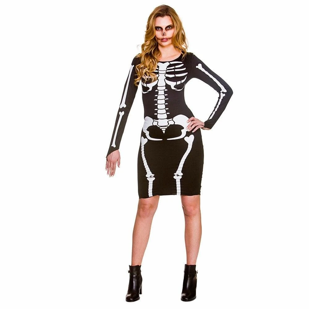 Womens Skeleton Dress Long Sleeve Bones Black Halloween Mini 1 Womens Skeleton Dress Long Sleeve Bones Black Halloween Mini