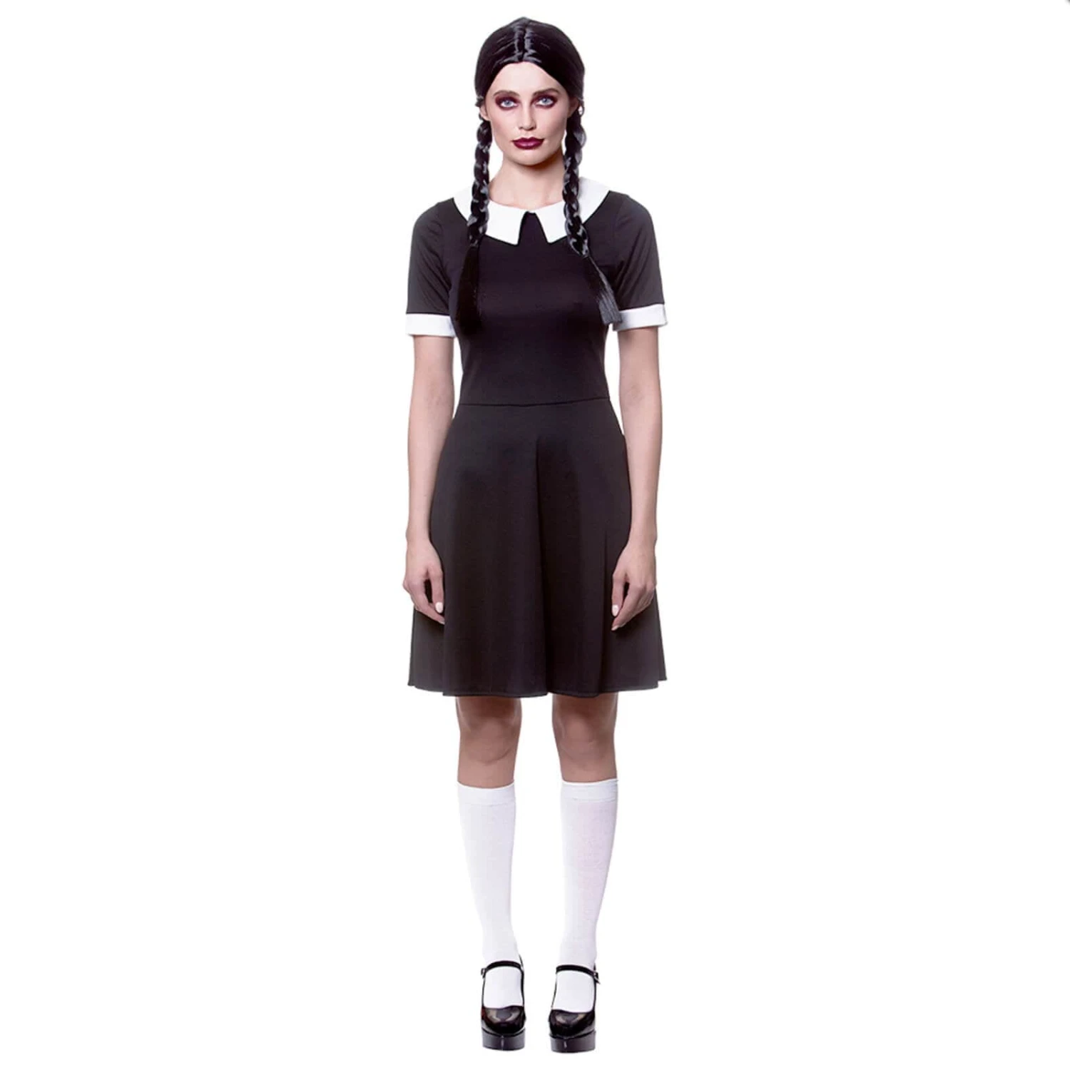 Womens Creepy School Girl Black Dress Wednesday Addams Costume 1 Womens Creepy School Girl Black Dress Wednesday Addams Costume