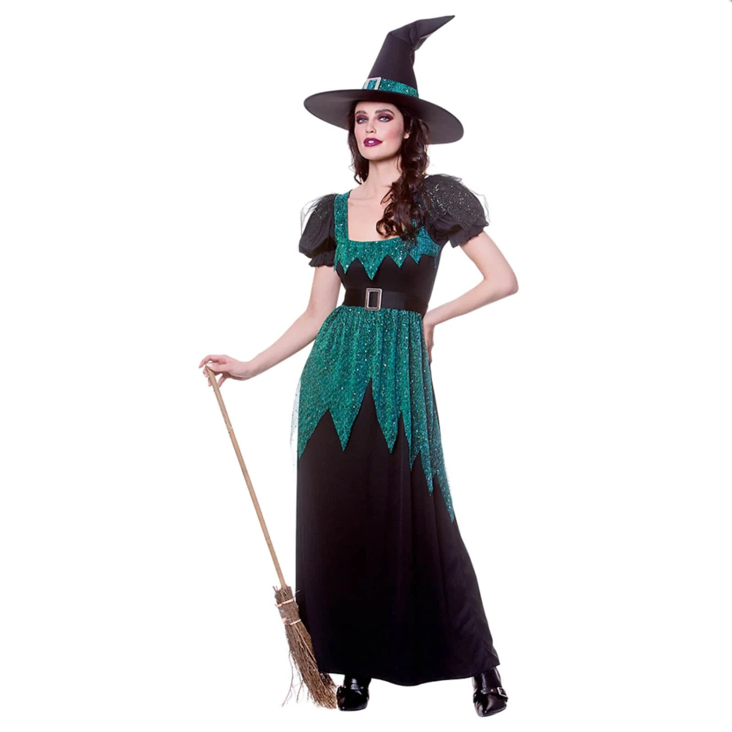 Womens Emerald Witch Costume Sequin Green Black Dress Hat Belt 1 Womens Emerald Witch Costume Sequin Green Black Dress Hat Belt