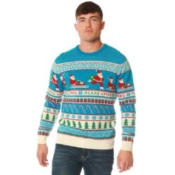 Mens Novelty Blue Christmas Jumper Santa Trees Presents Candy