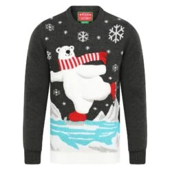 Mens Christmas Jumper Polar Bear Ice Skating With Striped Scarf -XS-Stock SRG1A15803 A 1 opt