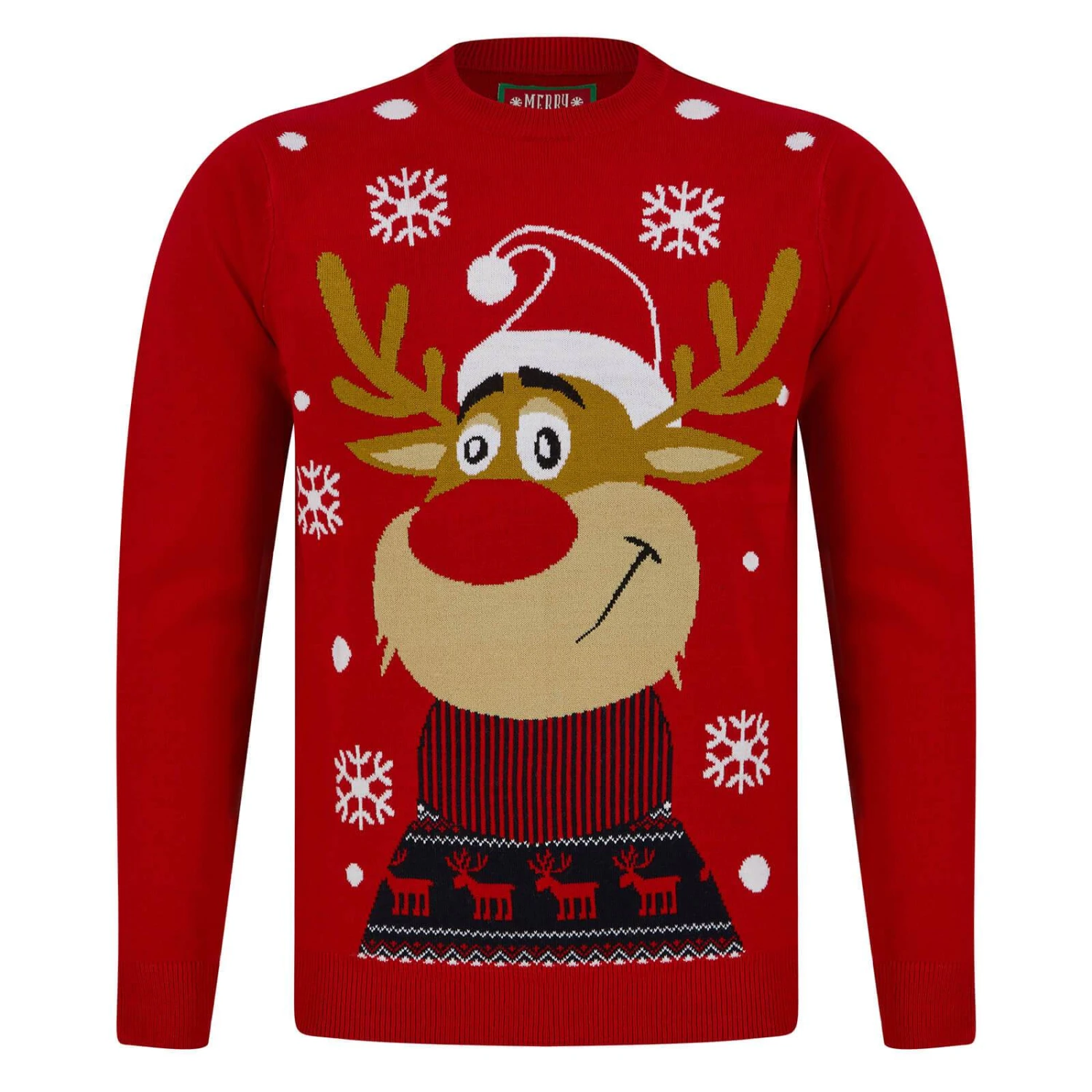 Mens Smiling Rudolph Reindeer Christmas Jumper 1 Mens Smiling Rudolph Reindeer Christmas Jumper