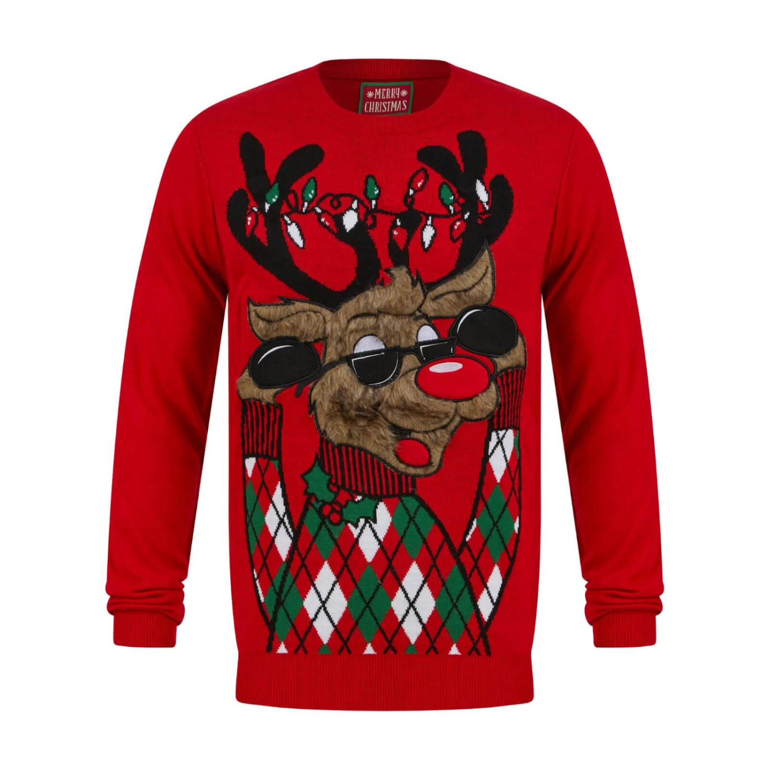 Mens LED Faux Fur Rudolph Argyle Christmas Jumper 1 Mens LED Faux Fur Rudolph Argyle Christmas Jumper