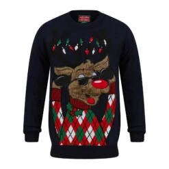 Mens LED Faux Fur Rudolph Argyle Christmas Jumper 6 Mens LED Faux Fur Rudolph Argyle Christmas Jumper -XS-Stock SRG1A17388 F.opt