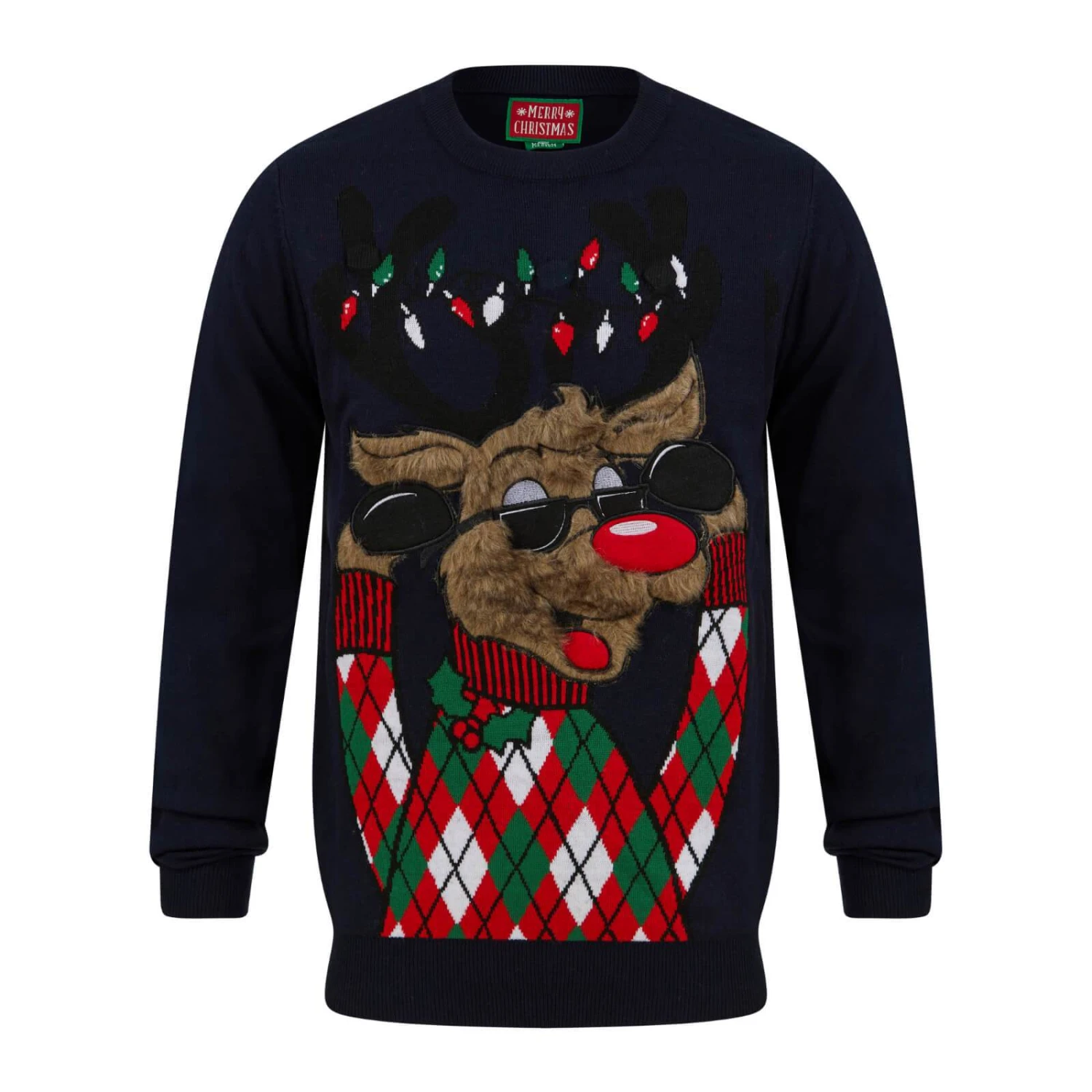 Mens LED Faux Fur Rudolph Argyle Christmas Jumper 3 Mens LED Faux Fur Rudolph Argyle Christmas Jumper - Image 3