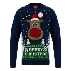 Mens Merry Reindeer Fluffy Rudolph Christmas Jumper -XS-Stock SRG1A17540 F 1.opt