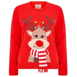 Womens Christmas Jumper Rudolph Reindeer Red Pom Pom Scarf