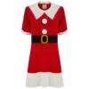 Womens Mrs Claus Santa Jumper Dress 3D Pom Pom Buttons