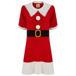 Womens Mrs Claus Santa Jumper Dress 3D Pom Pom Buttons