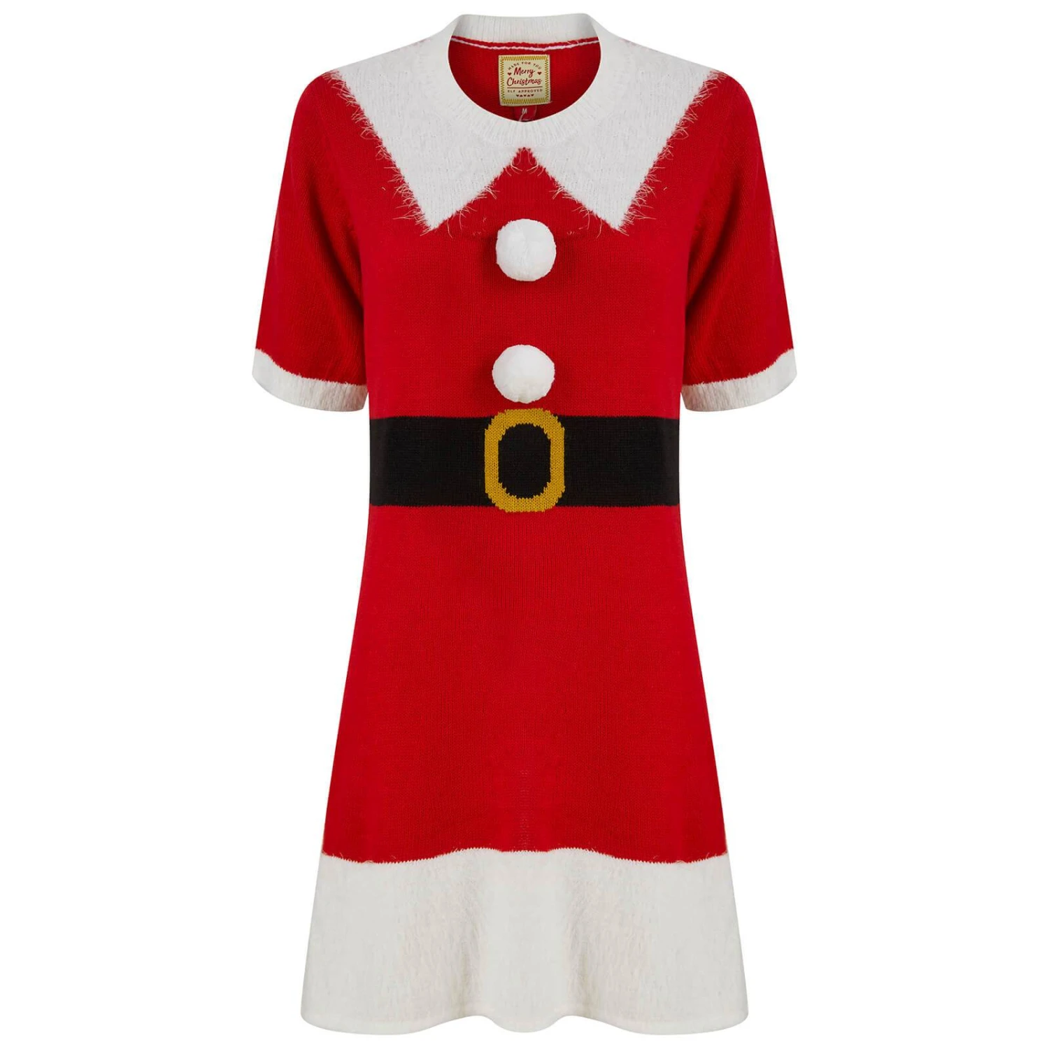 Womens Mrs Claus Santa Jumper Dress 3D Pom Pom Buttons 1 Womens Mrs Claus Santa Jumper Dress 3D Pom Pom Buttons