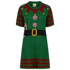 Womens Elf Jumper Dress Santas Little Helper With Gold Bells