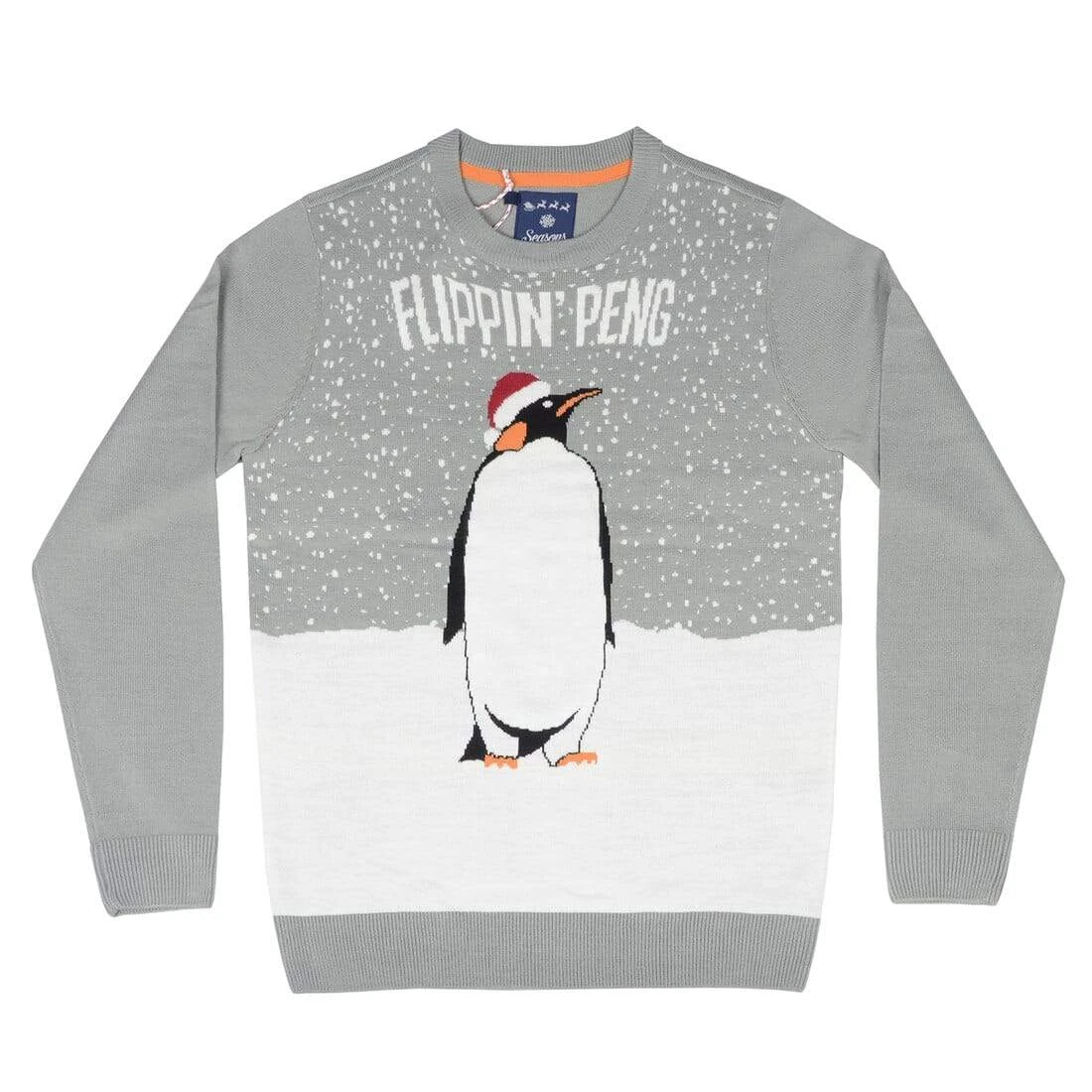 Mens Christmas Jumper Flippin Peng Snow Grey Crew Neck Fun 1 Mens Christmas Jumper Flippin Peng Snow Grey Crew Neck Fun