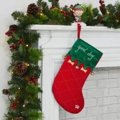 Good Dog Pet Christmas Stocking Red & Green Fabric With Bells