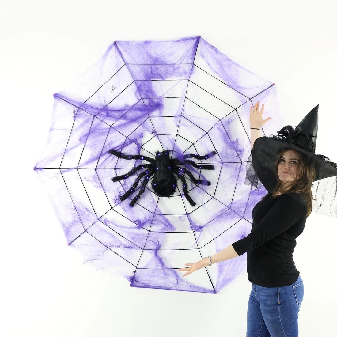 Purple LED Black Spider Halloween Decoration With Web 2 Purple LED Black Spider Halloween Decoration With Web - Image 2