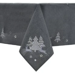 Christmas Tree Tablecloths Napkins Grey Fabric Embroidered