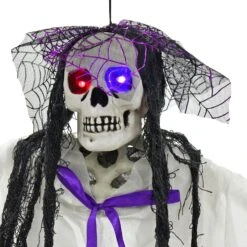 4ft Hanging Skeleton Flashing Eyes Purple Bow Webs Decoration -XS-Stock XS7452 2 opt