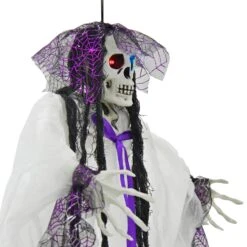 4ft Hanging Skeleton Flashing Eyes Purple Bow Webs Decoration -XS-Stock XS7452 4 opt