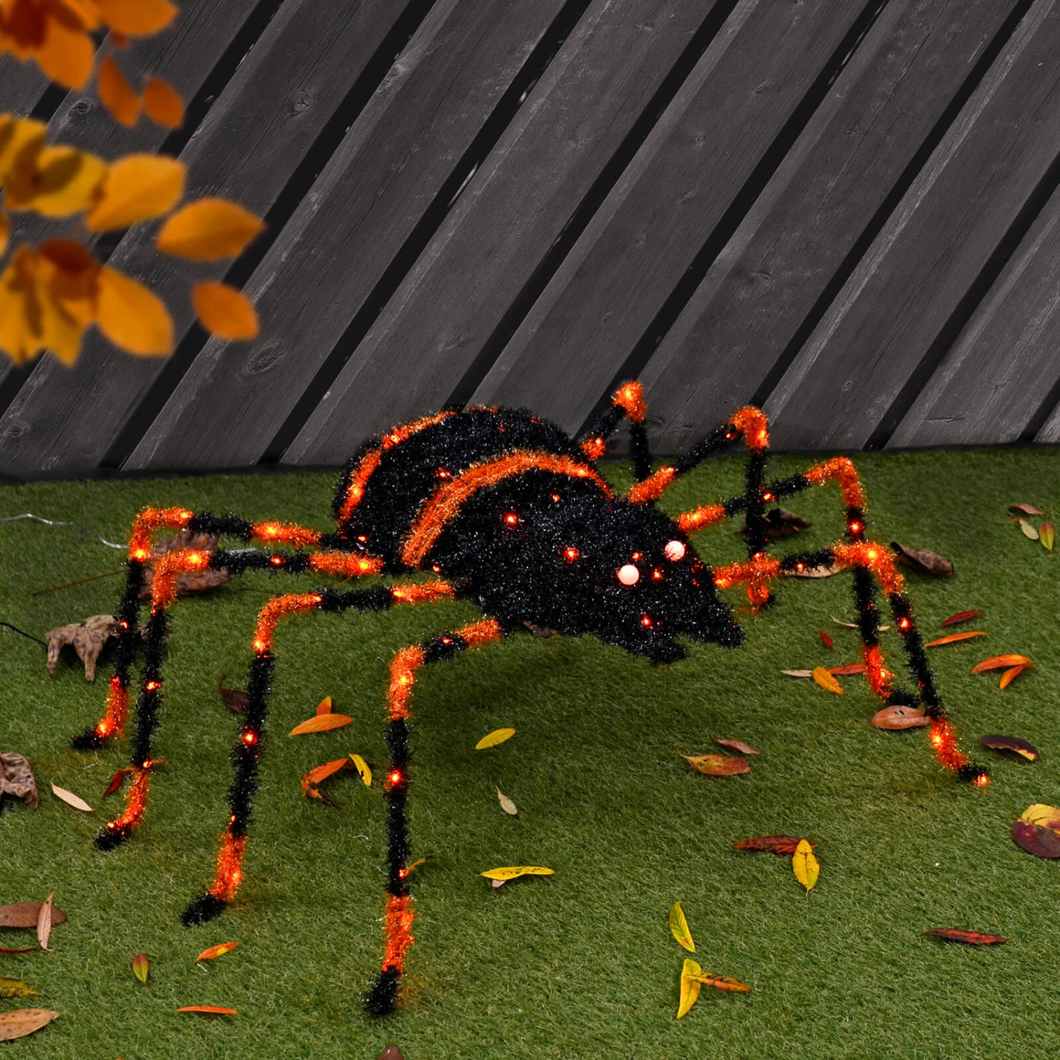 Large Light Up Spider Decoration Black Tinsel Orange LED 90cm 1 Large Light Up Spider Decoration Black Tinsel Orange LED 90cm