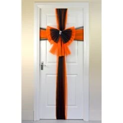 Halloween Door Bow Orange Black Net Diamante Spider Pin