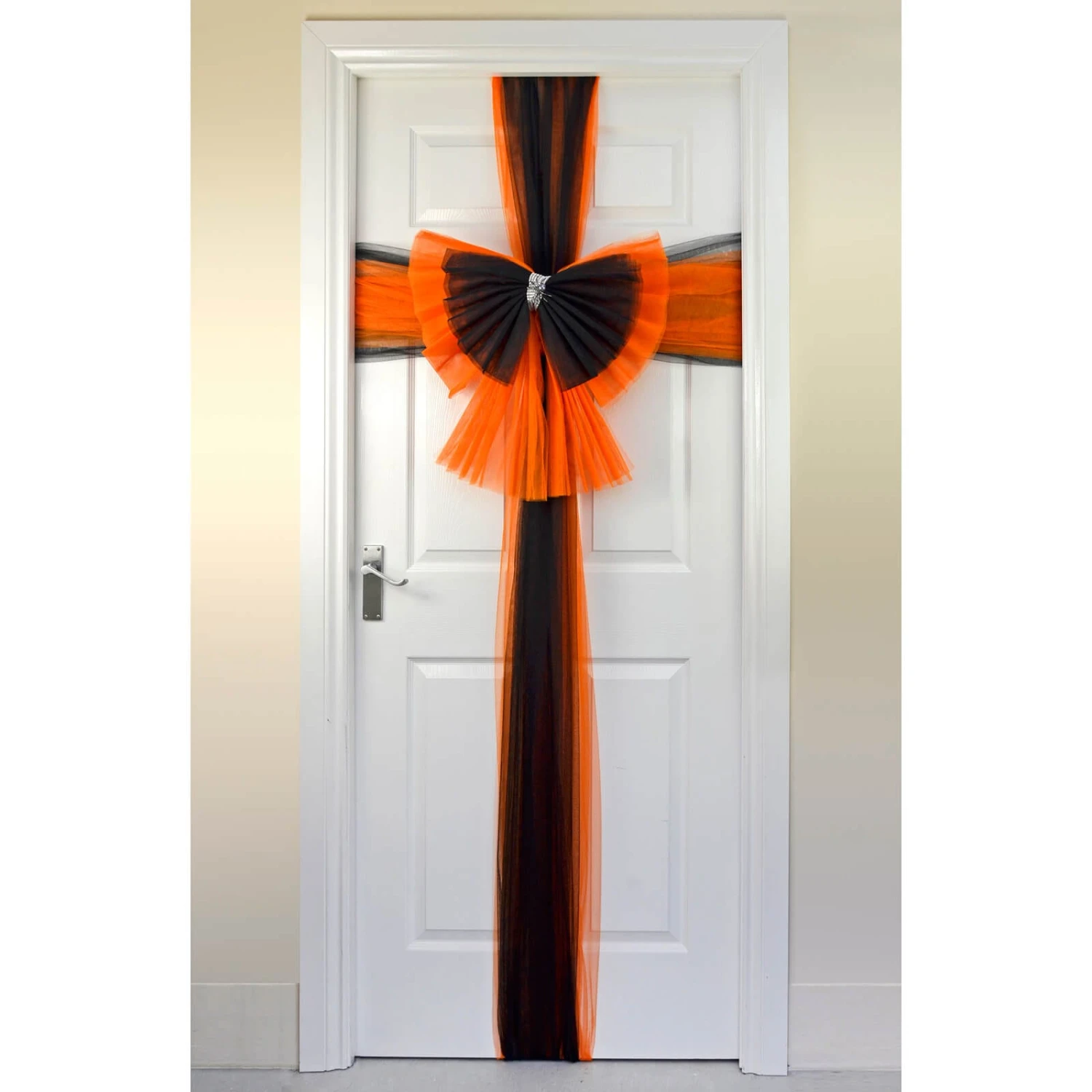 Halloween Door Bow Orange Black Net Diamante Spider Pin 1 Halloween Door Bow Orange Black Net Diamante Spider Pin