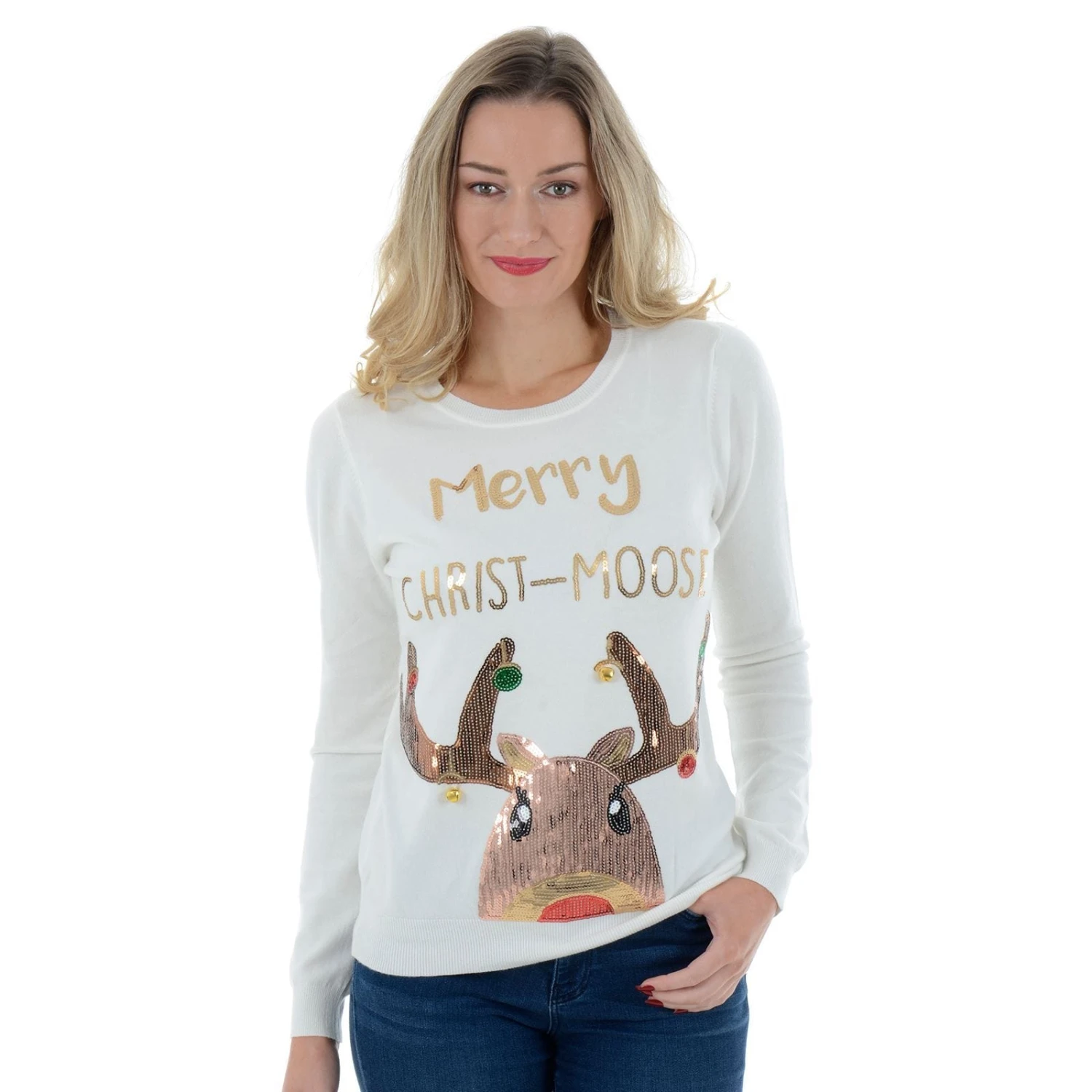 Womens Novelty Sequin Merry Christ-Moose Christmas Jumper 1 Womens Novelty Sequin Merry Christ-Moose Christmas Jumper