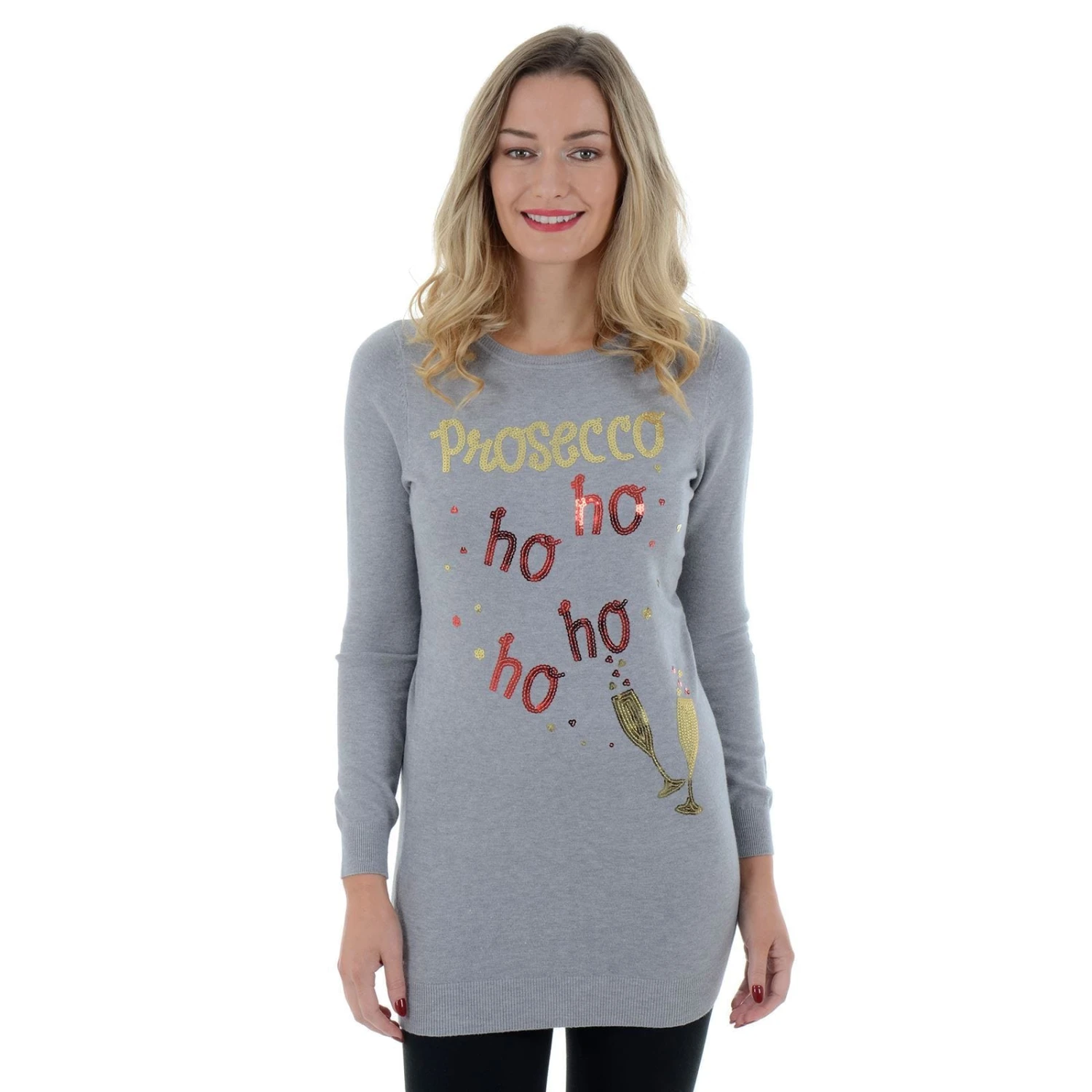 Womens Novelty Sequin Prosecco HO HO HO Tunic Christmas Jumper 4 Womens Novelty Sequin Prosecco HO HO HO Tunic Christmas Jumper - Image 4
