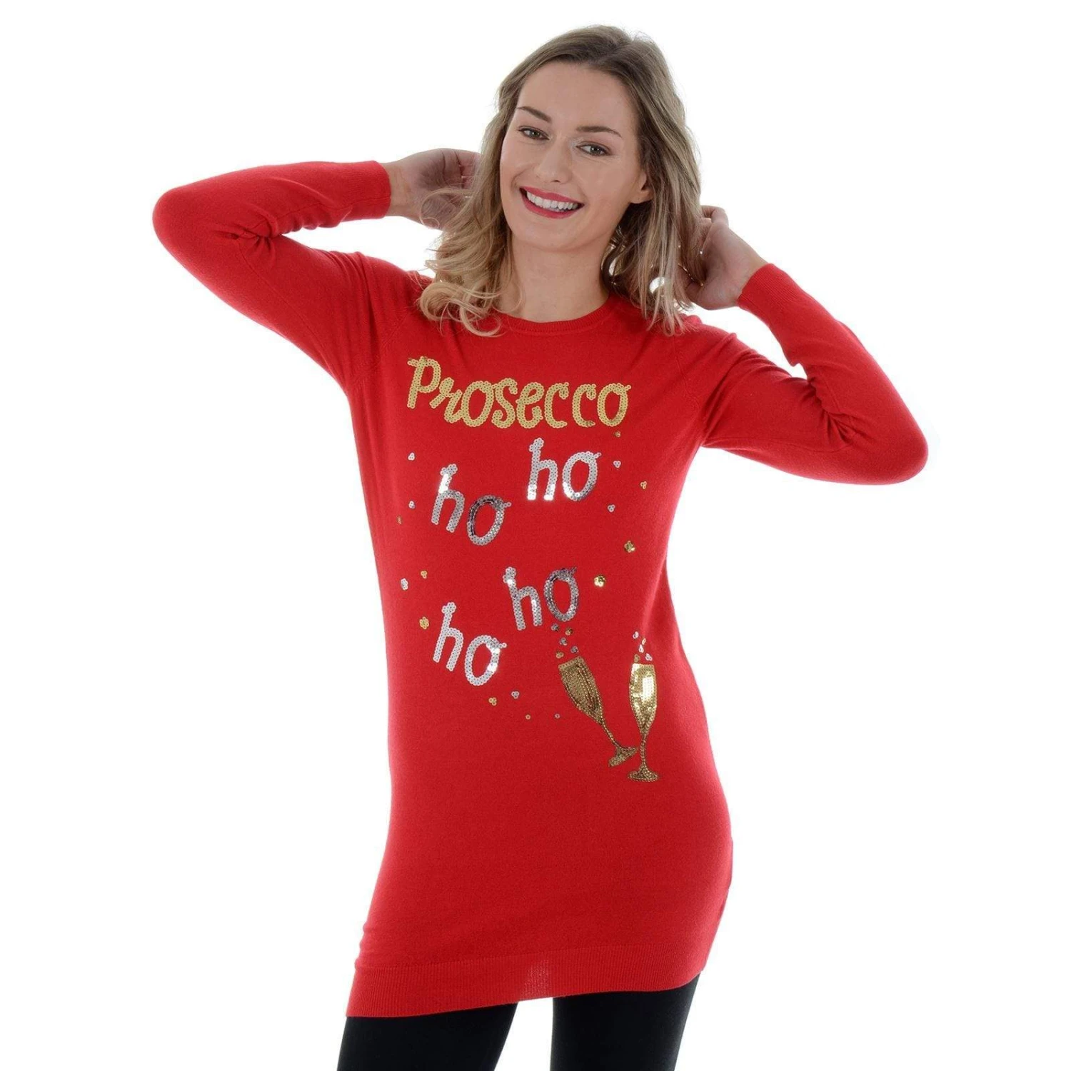 Womens Novelty Sequin Prosecco HO HO HO Tunic Christmas Jumper 2 Womens Novelty Sequin Prosecco HO HO HO Tunic Christmas Jumper - Image 2